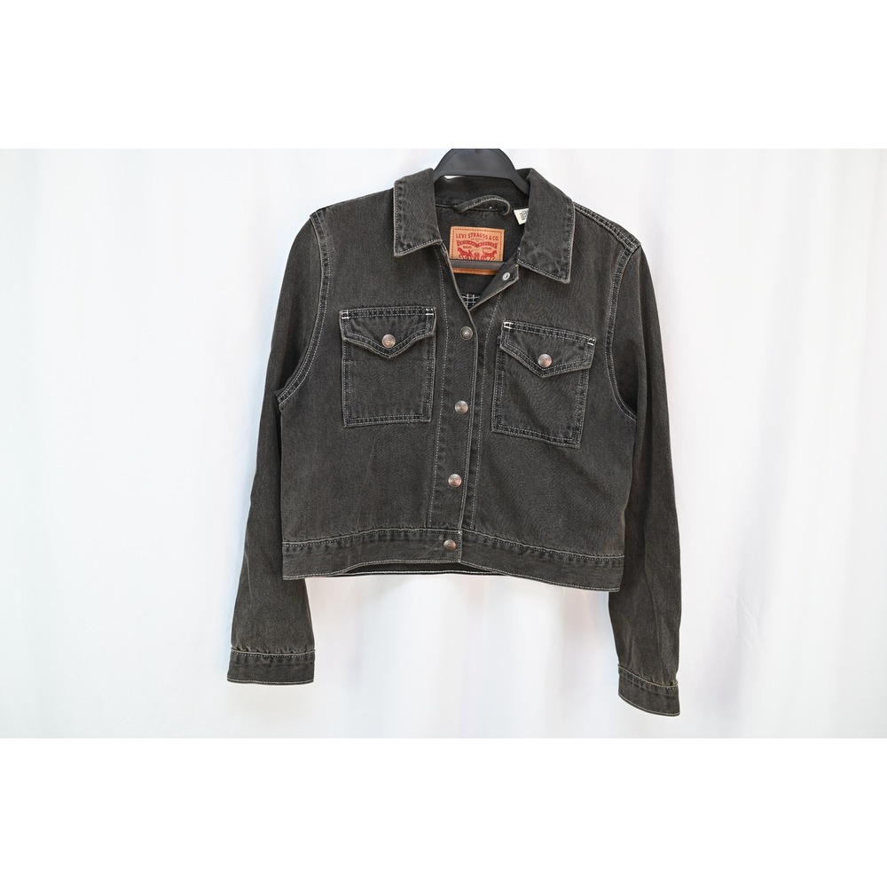 Levi Strauss Black Denim Trucker Jacket Womens Medium Cropped Cotton Jean Coat